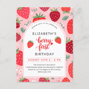 Invitation Carte Postale Berry First Cute 1er Anniversaire Fille aux fraise