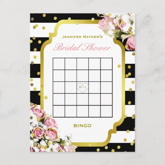 Invitation Carte Postale Bingo Fête des mariées | Bandes et Rose (Devant)