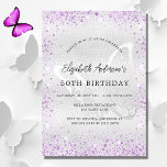 Invitation Carte Postale Birthday silver violet butterfly sparkles<br><div class="desc">A modern,  elegant and minimalist birthday invitation.  Faux silver looking background decorated with purple faux glitter sparkles and a butterlfy as watermark. Personalize and add your names and wedding details. Black colored letters.</div>