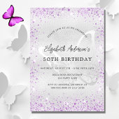 Invitation Carte Postale Birthday silver violet butterfly sparkles