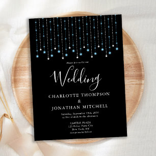 Invitation Carte Postale Black Blue Silver Stars String Lights Mariage