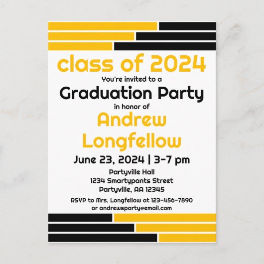 Invitation Carte Postale Black & Gold Bars Graduation Party (Devant)