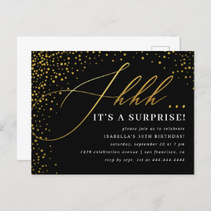 Invitation Carte Postale Black & Gold Confetti Script Surprise Party