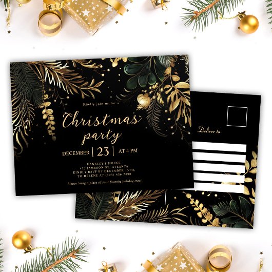 Invitation Carte Postale Black Gold Élégante fête de Noël