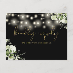 Invitation Carte Postale Black Gold Floral String Lights Song Request RSVP