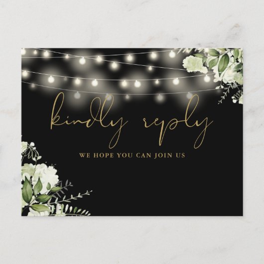 Invitation Carte Postale Black Gold Floral String Lights Song Request RSVP (Devant)