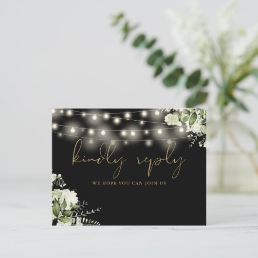 Invitation Carte Postale Black Gold Floral String Lights Song Request RSVP (Debout devant)