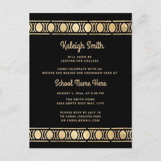 Invitation Carte Postale Black Gold Graduation Trunk Party (Devant)