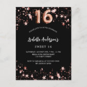Invitation Carte Postale Black rose or étoiles Sweet 16 (Devant)
