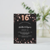 Invitation Carte Postale Black rose or étoiles Sweet 16 (Debout devant)