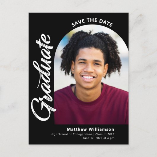 Invitation Carte Postale Black Save Date Graduation Arche photo en blanc Sc (Devant)