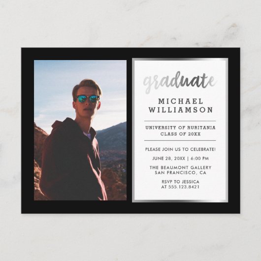 Invitation Carte Postale Black & Silver Graduate Photo Party (Devant)