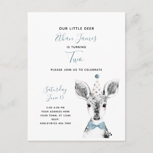 Invitation Carte Postale Black & White Blue Deer Boy 2e anniversaire (Devant)