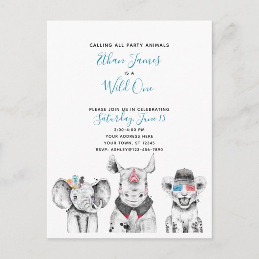 Invitation Carte Postale Black White Blue Wild One Boy's Birthday Party (Devant)