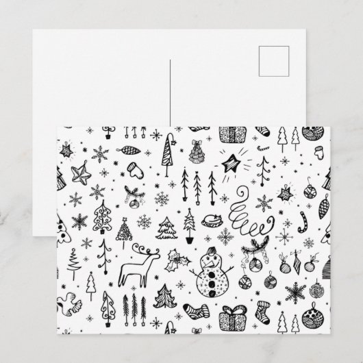 Invitation Carte Postale Black & White Christmas Icons Pattern – Cute  (Devant / Derrière)