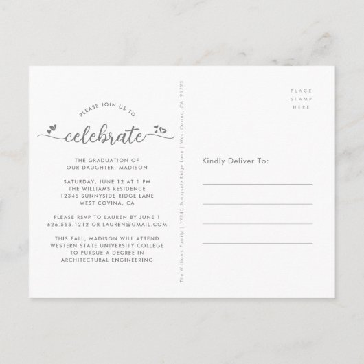 Invitation Carte Postale Black White Graduation 4 Photo Modern Script Heart (Dos)