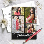 Invitation Carte Postale Black White Graduation 4 Photo Modern Script Heart