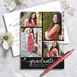 Invitation Carte Postale Black White Graduation 4 Photo Modern Script Heart