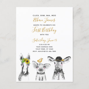 Invitation Carte Postale Black White Jaune Script ferme 1er anniversaire