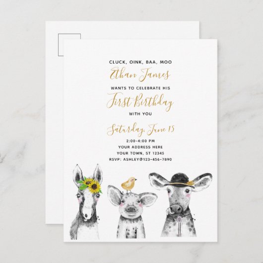 Invitation Carte Postale Black White Jaune Script ferme 1er anniversaire (Devant / Derrière)