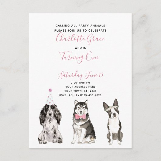 Invitation Carte Postale Black White Pink Script Fille de 1er anniversaire (Devant)