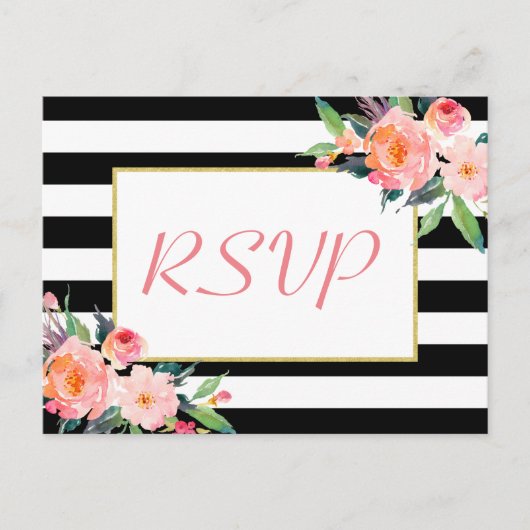 Invitation Carte Postale Black White Stripes Floral Gold Wedding RSVP Répon (Devant)