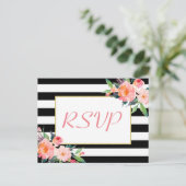 Invitation Carte Postale Black White Stripes Floral Gold Wedding RSVP Répon (Debout devant)
