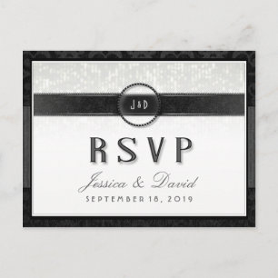 Invitation Carte Postale Blanc noir et touche d'or Art déco RSVP PostCard
