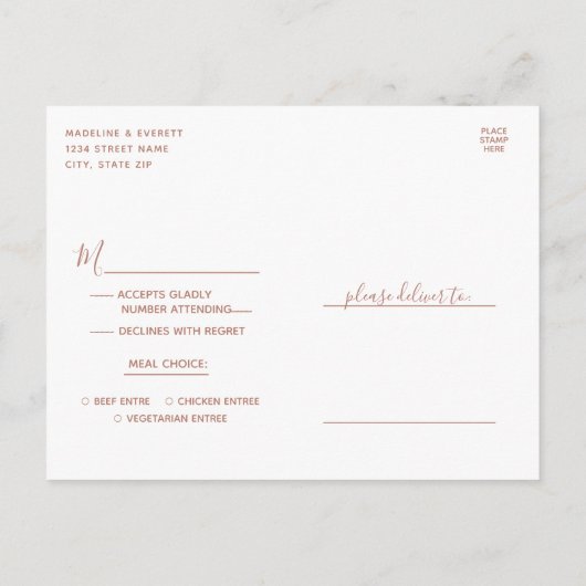 Invitation Carte Postale Blanc & Rose Gold Agate Mariage Repas Choix RSVP (Dos)
