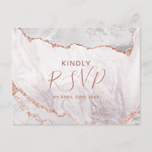 Invitation Carte Postale Blanc & Rose Gold Agate Mariage Repas Choix RSVP (Devant)