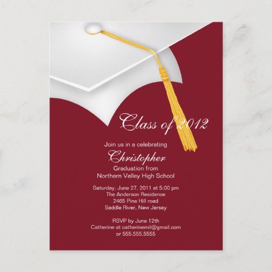 Invitation Carte Postale Blancs Maroon Grad Casquette de la fête de graduat (Devant)