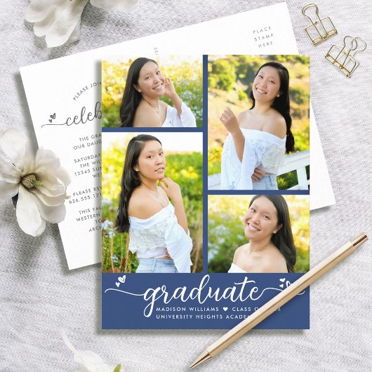 Invitation Carte Postale Bleu 4 Photo Graduation Moderne Fille Coeurs Scrip