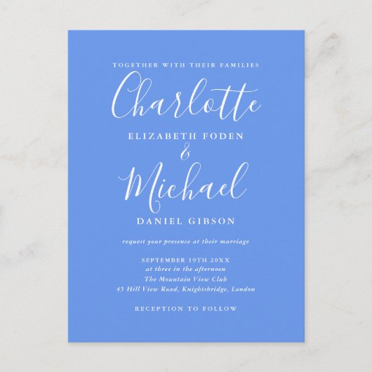 Invitation Carte Postale Bleu Barbeau Élégant Mariage Moderne Écriture (Devant)