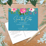 Invitation Carte Postale Bleu bat mitzvah Enregistrer la date Aquarelle flo<br><div class="desc">Assurez-vous que tous vos amis et parents pourront célébrer le Bat mitzvah de votre fille! Envoyez cette carte postale chic et personnalisée "Save the Date" faire-part. Une aquarelle florale chic, étonnante, rose et pêche, avec typographie de scénario de feuille d'or faux et type moderne blanc sans serif superposent un arrière...</div>