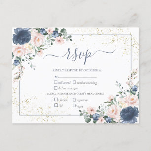 Invitation Carte Postale Bleu clair bleu clair rose or floral RSVP