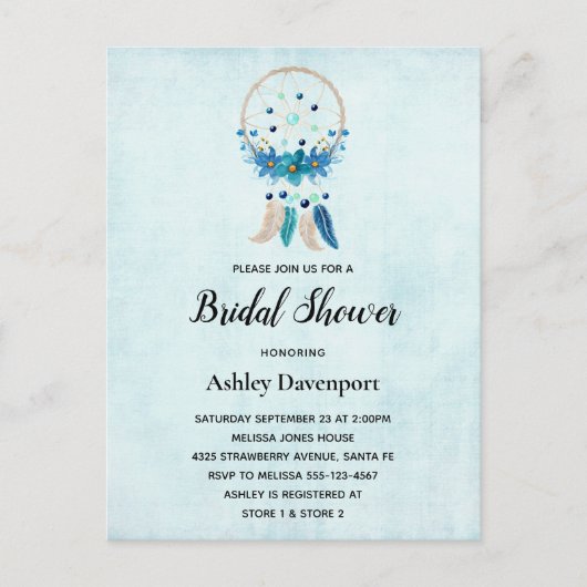 Invitation Carte Postale Bleu Dreamcatcher avec Fleurs & Plumes (Devant)