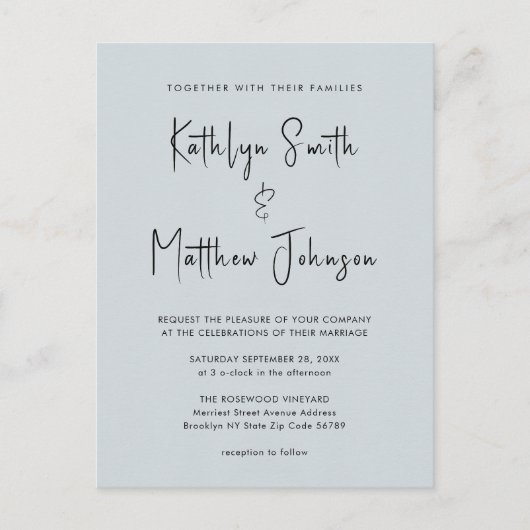 Invitation Carte Postale Bleu Dusté Script Moderne Tout en un Mariage simpl (Devant)