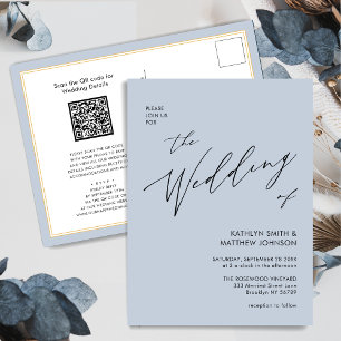 Invitation Carte Postale Bleu Dusté Script Moderne Tout en un Mariage simpl