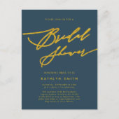 Invitation Carte Postale Bleu Élégant Gold Script Fête des mariées minimali (Devant)