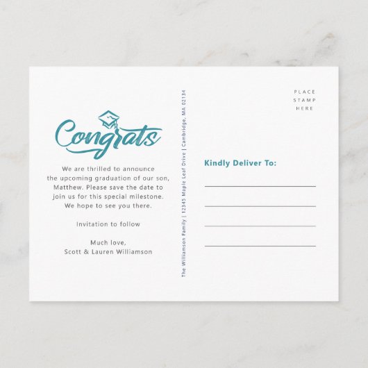 Invitation Carte Postale Bleu Enregistrer la date Graduation Photo Bold Arc (Dos)