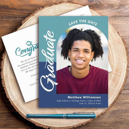 Invitation Carte Postale Bleu Enregistrer la date Graduation Photo Bold Arc
