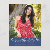 Invitation Carte Postale Bleu Enregistrer la date Graduation Photo Script C (Devant)