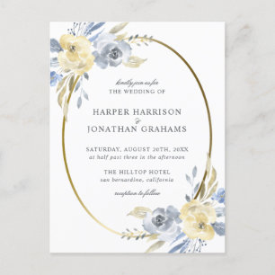 Invitation Carte Postale Bleu et jaune floral ovale Mariage élégant