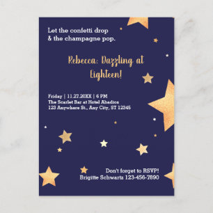 Invitation Carte Postale Bleu étoiles parties scintillant et or éblouissant