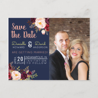 Invitation Carte Postale Bleu marine et Merlot Floral Enregistrer la Date