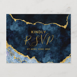 Invitation Carte Postale Bleu Nuit Or Feuille d'Agape Choix de Repas RSVP