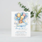 Invitation Carte Postale Bleu On Peut Attendre De Mignons Baby showers Garç (Debout devant)