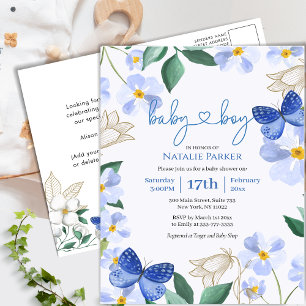 Invitation Carte Postale Bleu Papillon Floral Folio Baby shower garçon