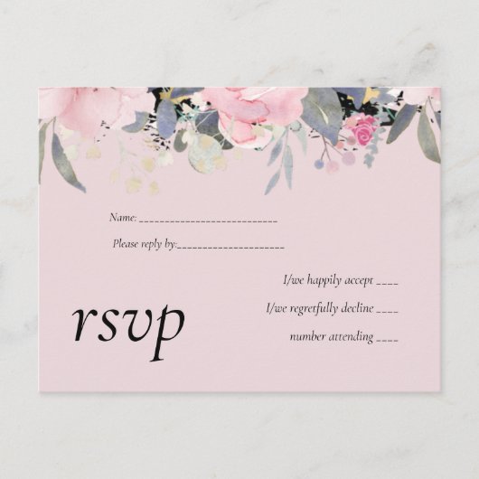 Invitation Carte Postale Bleu rose pâle bleu floral Mariage Budget (Devant)