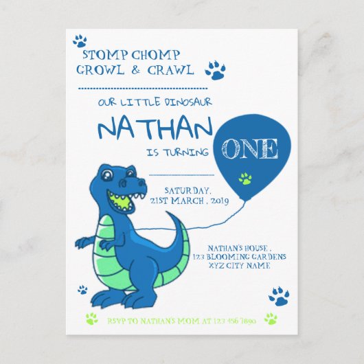 Invitation Carte Postale Bleu Vert Dinosaure Thématique Anniversaire (Devant)